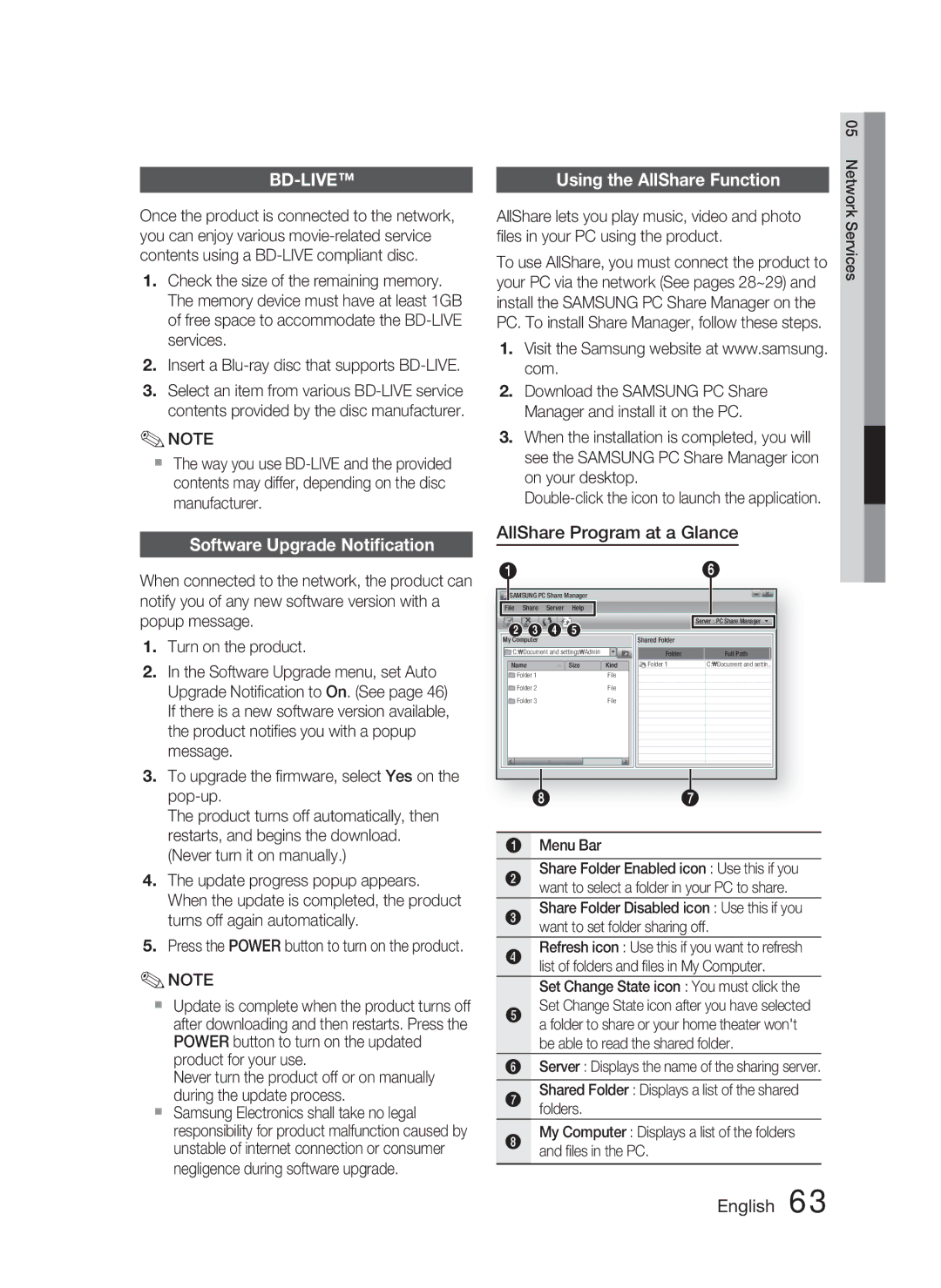 Samsung HT-C6900W Using the AllShare Function, Software Upgrade Notiﬁcation, AllShare Program at a Glance, Menu Bar 