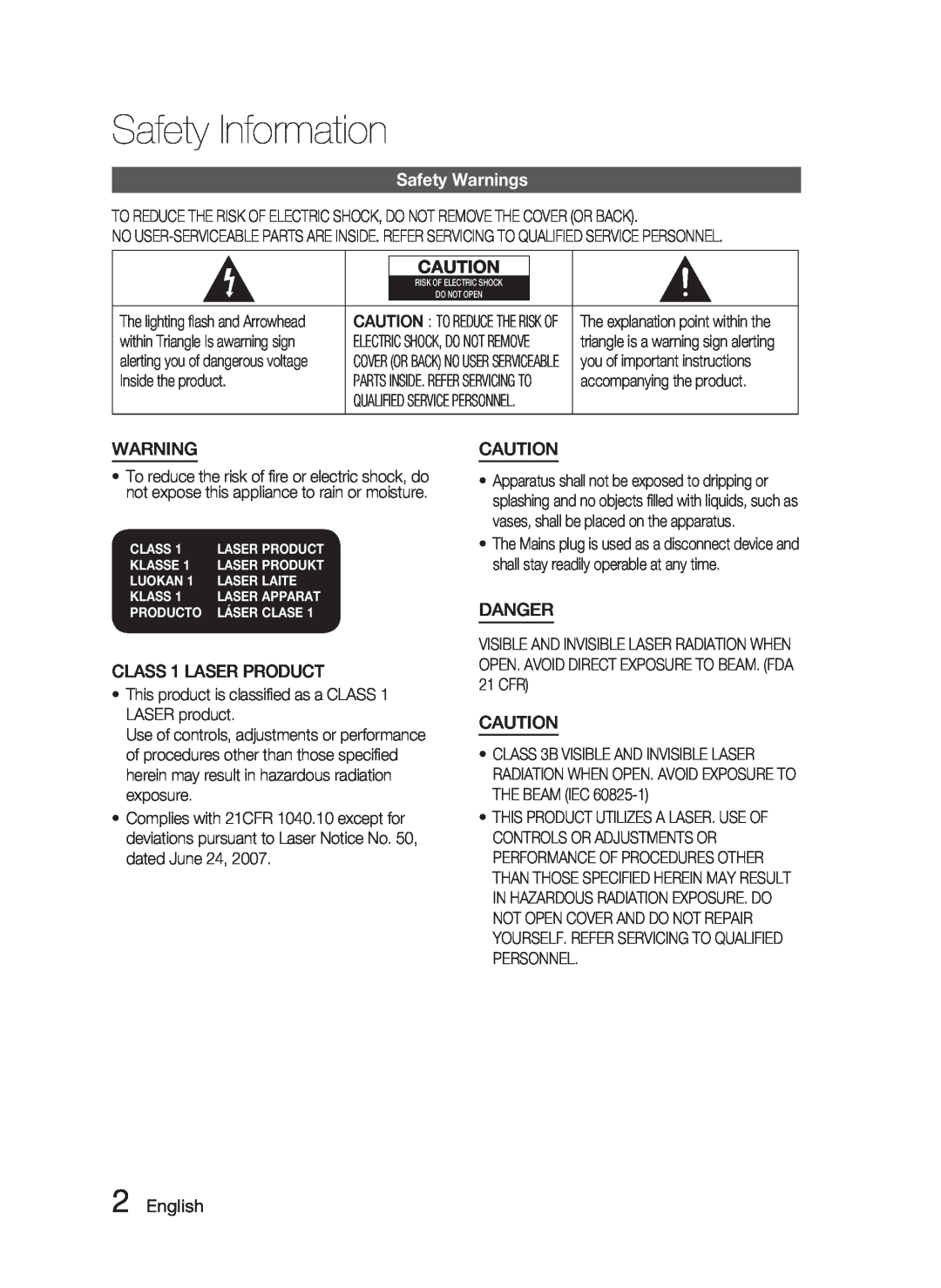 Samsung HT-C6900W user manual Safety Information, Safety Warnings, CLASS 1 LASER PRODUCT, Danger, English 
