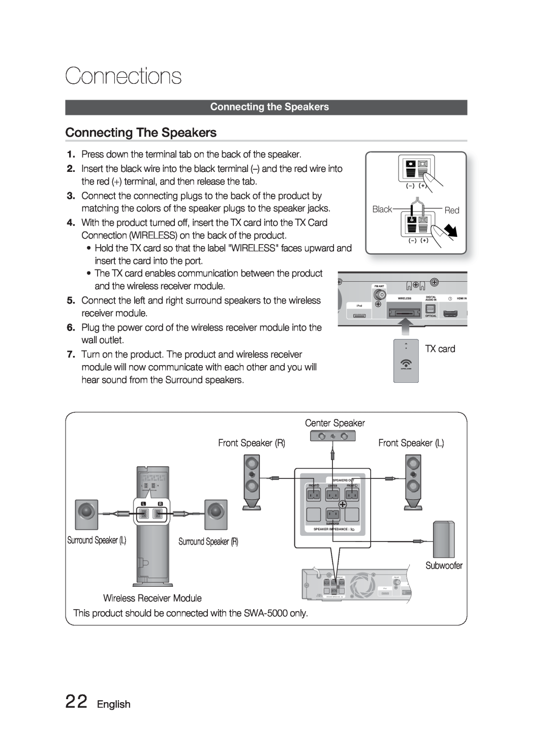 Samsung HT-C6900W user manual Connecting The Speakers, English, Connections, Connecting the Speakers 