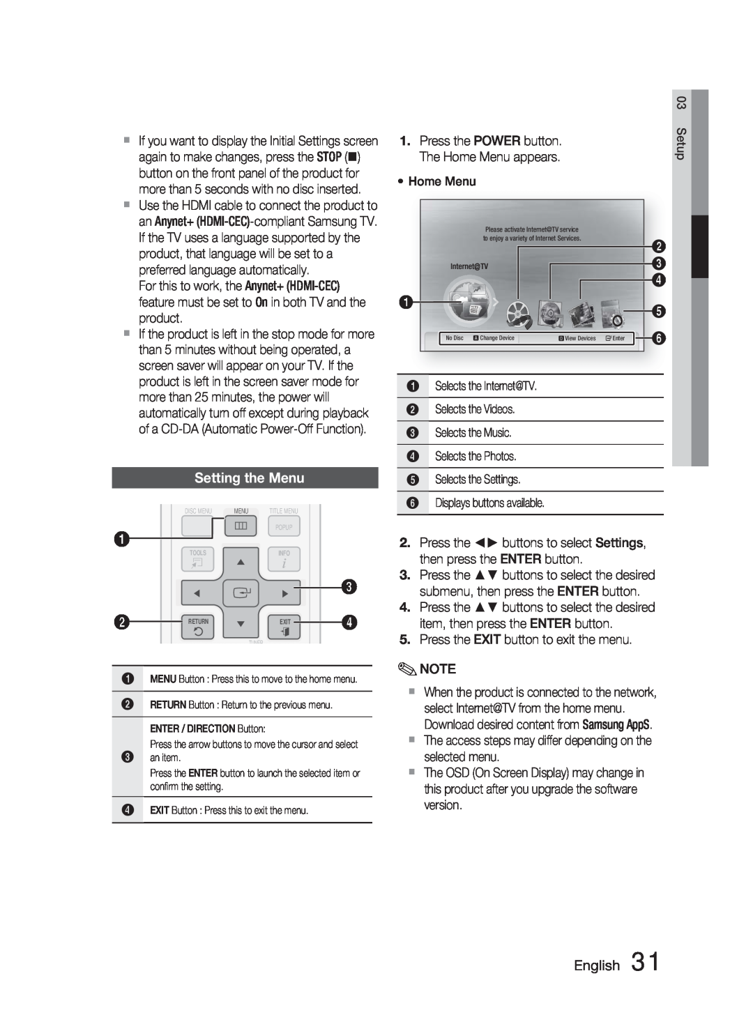 Samsung HT-C6900W user manual Setting the Menu, English 