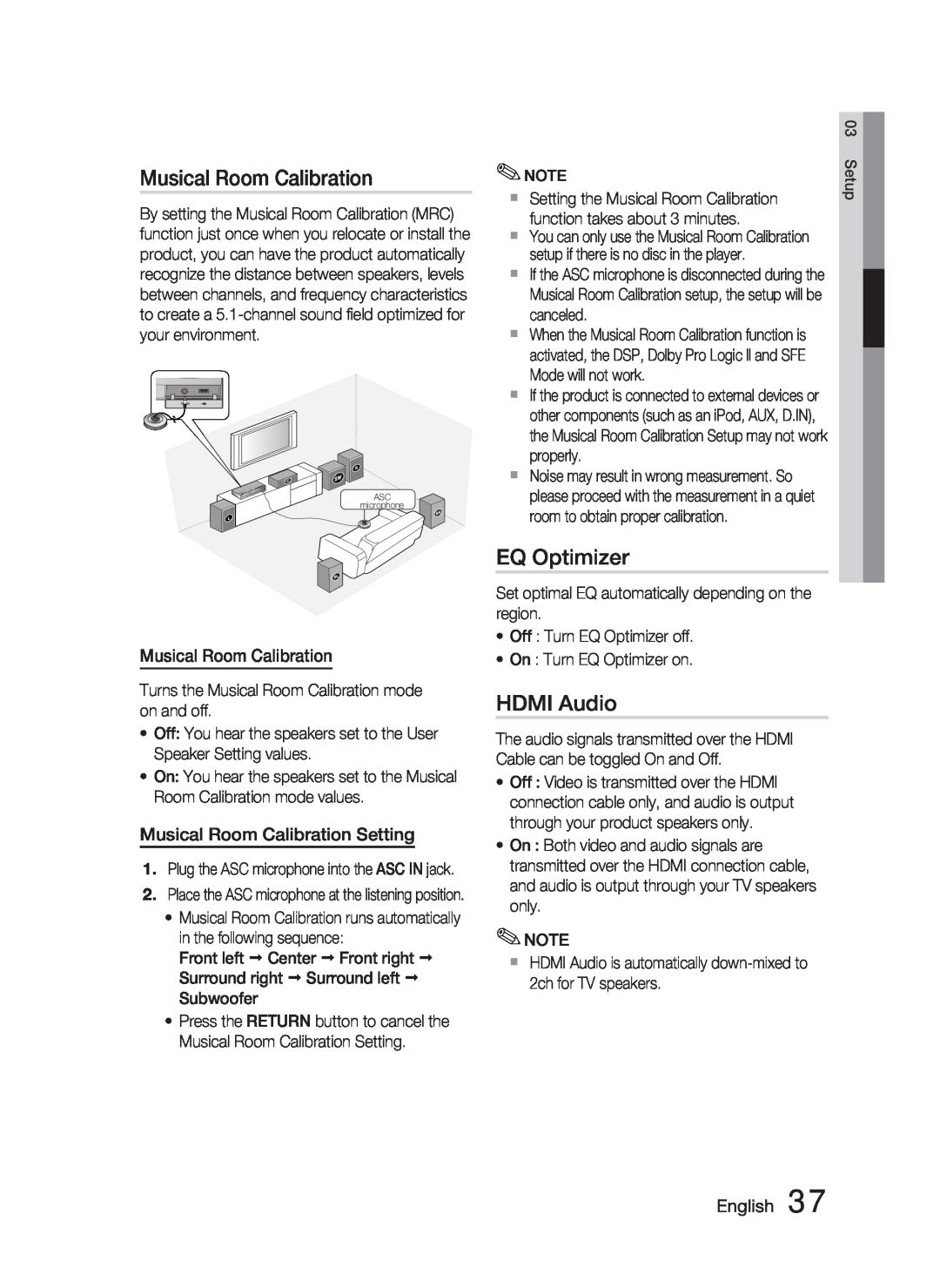 Samsung HT-C6900W user manual EQ Optimizer, HDMI Audio, Musical Room Calibration Setting, English 