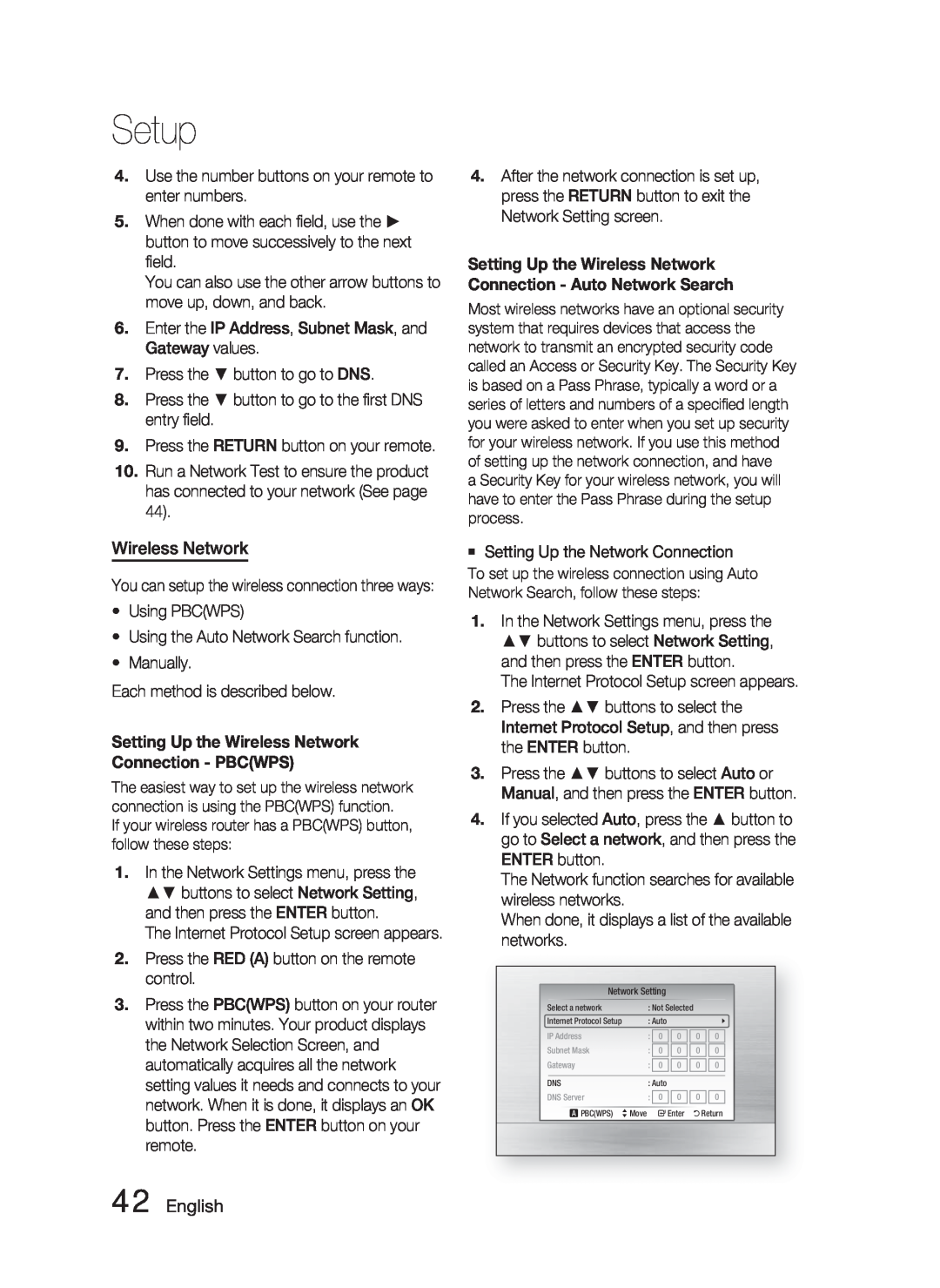 Samsung HT-C6900W user manual English, Setup, Setting Up the Wireless Network, Connection - PBCWPS 
