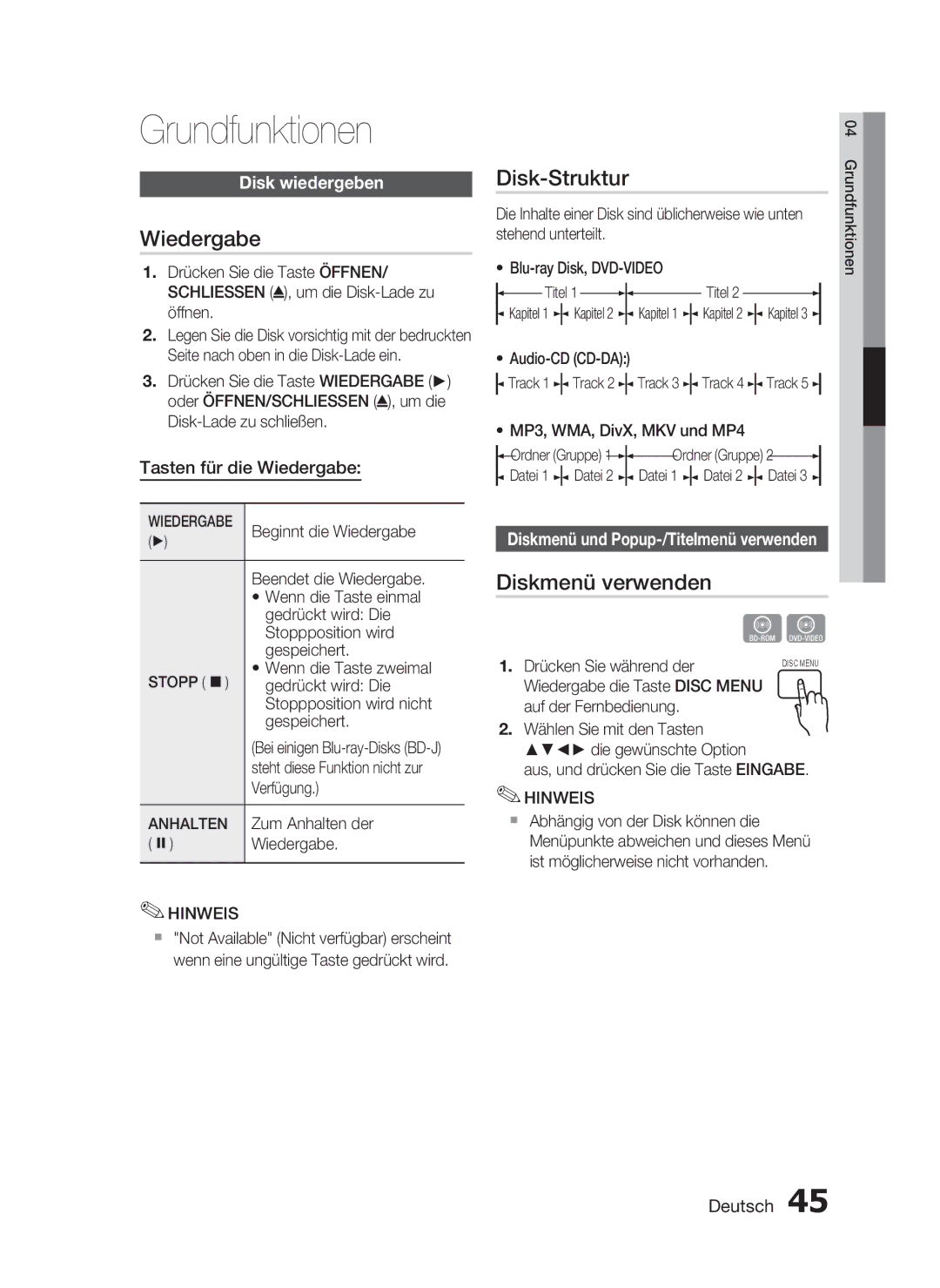 Samsung HT-C6930W/EDC, HT-C6930W/XEN, HT-C6930W/XEF manual Grundfunktionen, Wiedergabe, Disk-Struktur, Diskmenü verwenden 