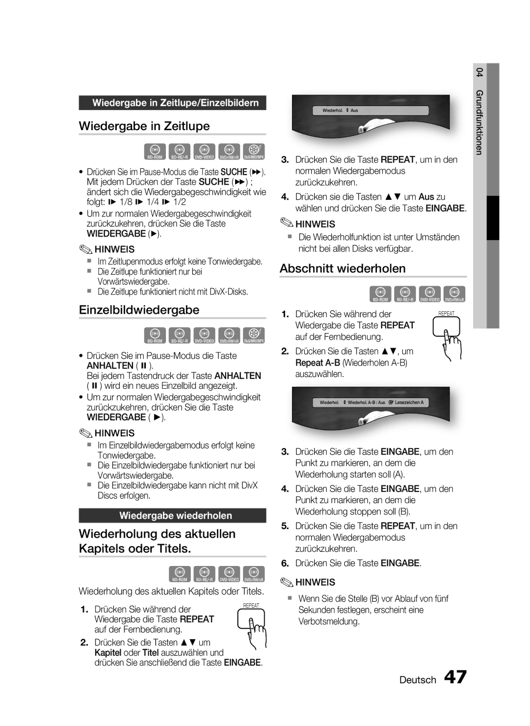 Samsung HT-C6930W/XEF manual Wiedergabe in Zeitlupe, Einzelbildwiedergabe, Wiederholung des aktuellen Kapitels oder Titels 