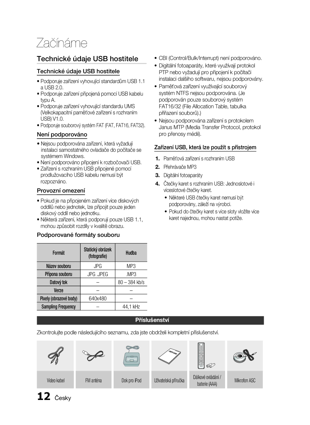 Samsung HT-C6930W/EDC manual Technické údaje USB hostitele, Příslušenství 