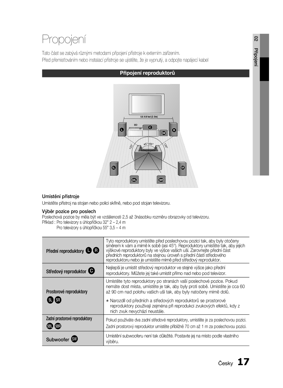 Samsung HT-C6930W/EDC manual Propojení, Připojení reproduktorů 