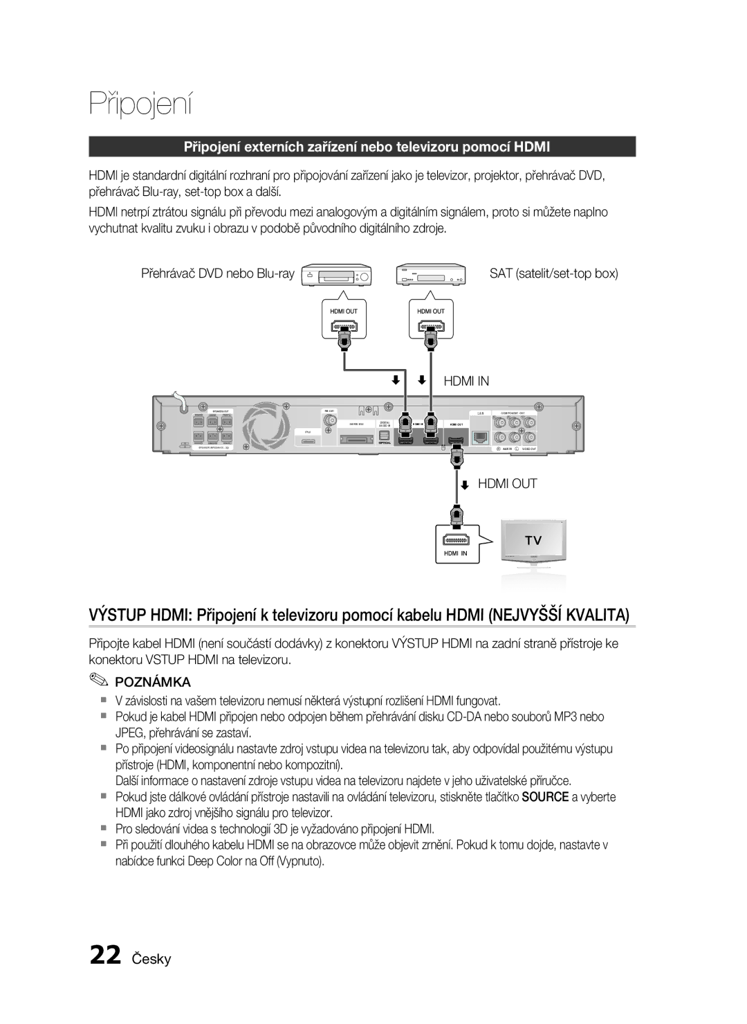 Samsung HT-C6930W/EDC manual Připojení externích zařízení nebo televizoru pomocí Hdmi, 22 Česky, SAT satelit/set-top box 