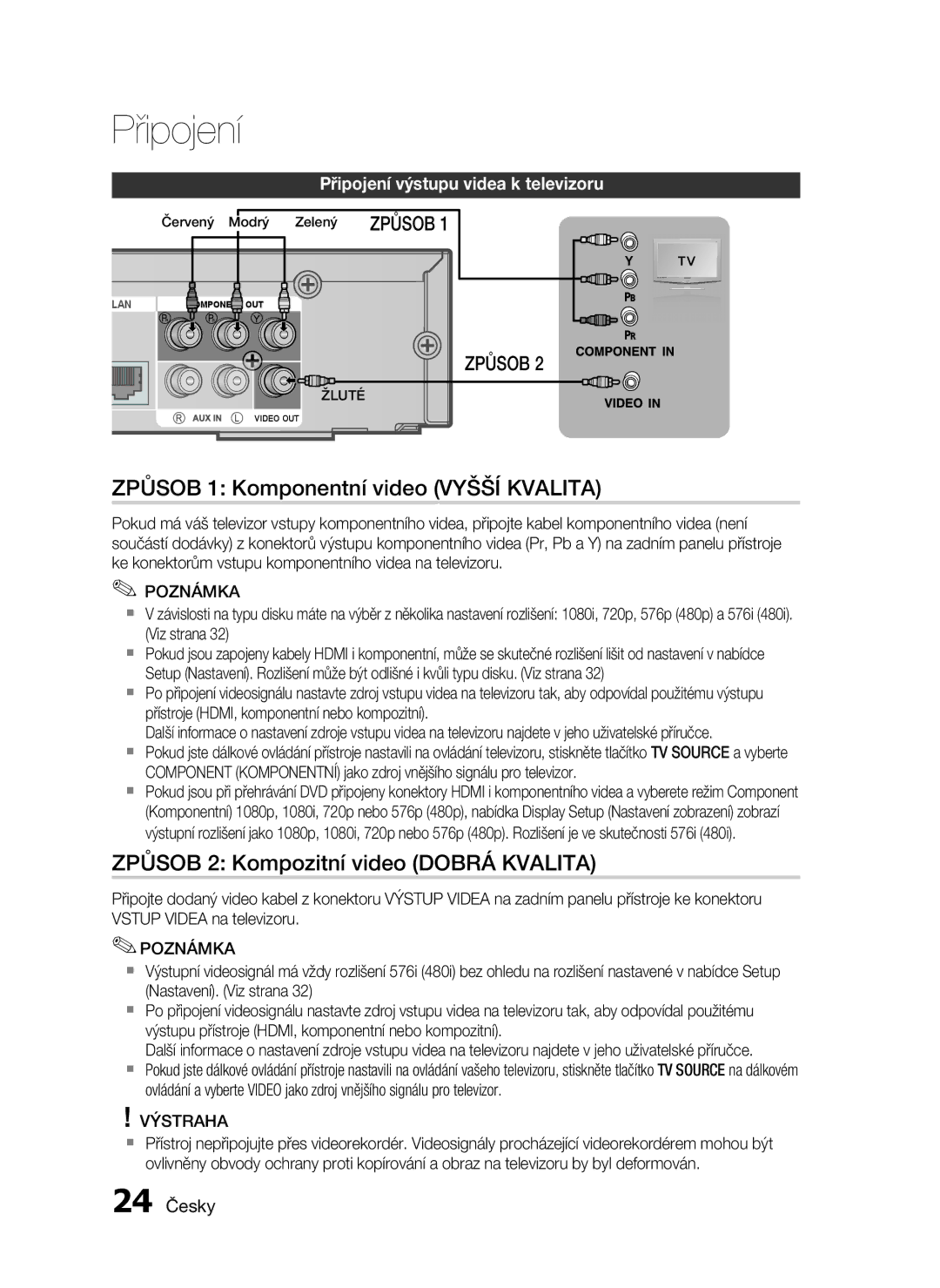 Samsung HT-C6930W/EDC manual Způsob 1 Komponentní video Vyšší Kvalita, Způsob 2 Kompozitní video Dobrá Kvalita, 24 Česky 