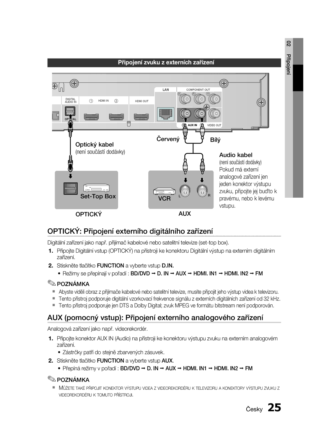 Samsung HT-C6930W/EDC manual Optický Připojení externího digitálního zařízení, Připojení zvuku z externích zařízení, Bílý 