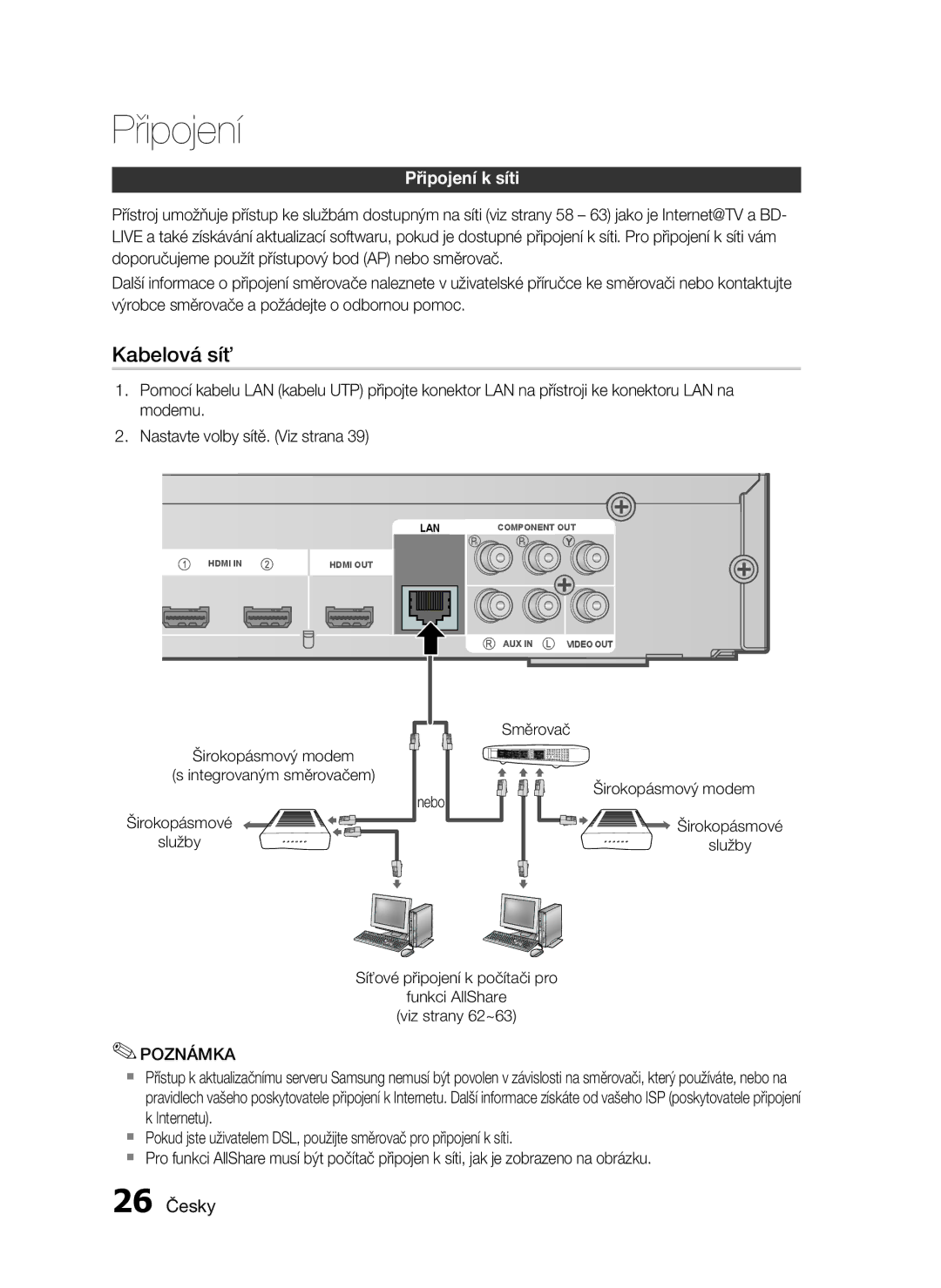 Samsung HT-C6930W/EDC manual Připojení k síti, 26 Česky, Směrovač Širokopásmový modem, Širokopásmové služby 