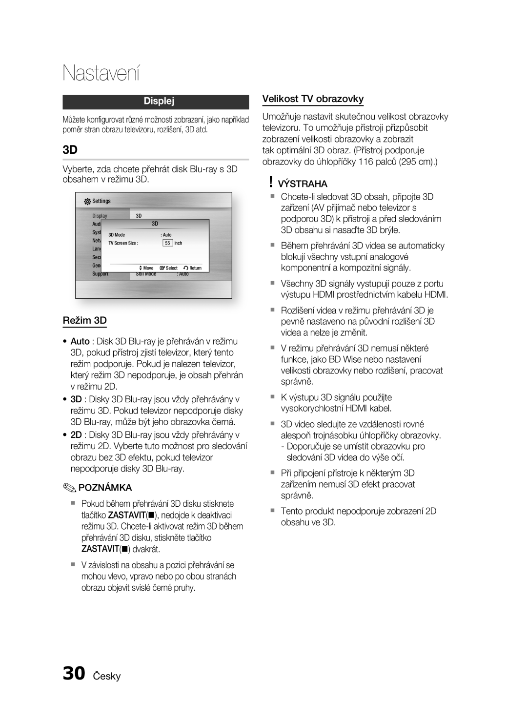 Samsung HT-C6930W/EDC manual Displej, Režim 3D, Velikost TV obrazovky, 30 Česky 