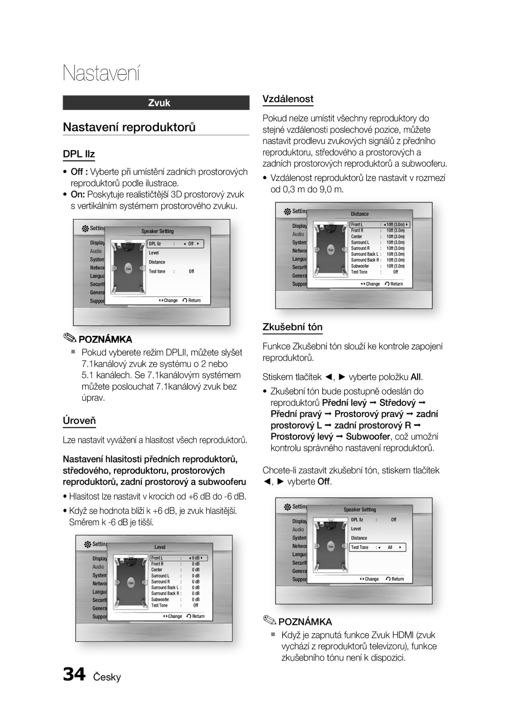 Samsung HT-C6930W/EDC manual Nastavení reproduktorů, Zvuk 