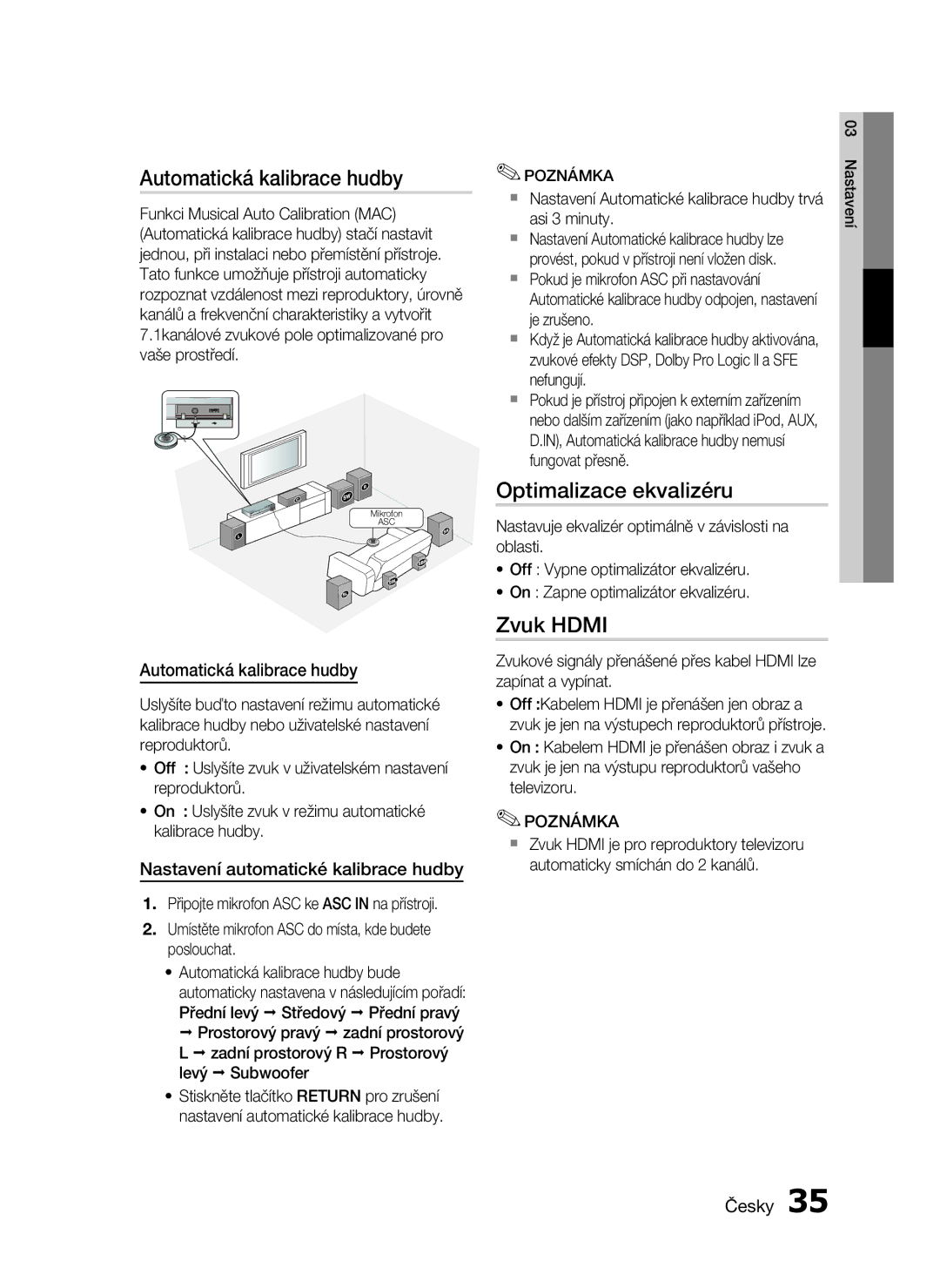 Samsung HT-C6930W/EDC manual Automatická kalibrace hudby, Optimalizace ekvalizéru, Zvuk Hdmi 