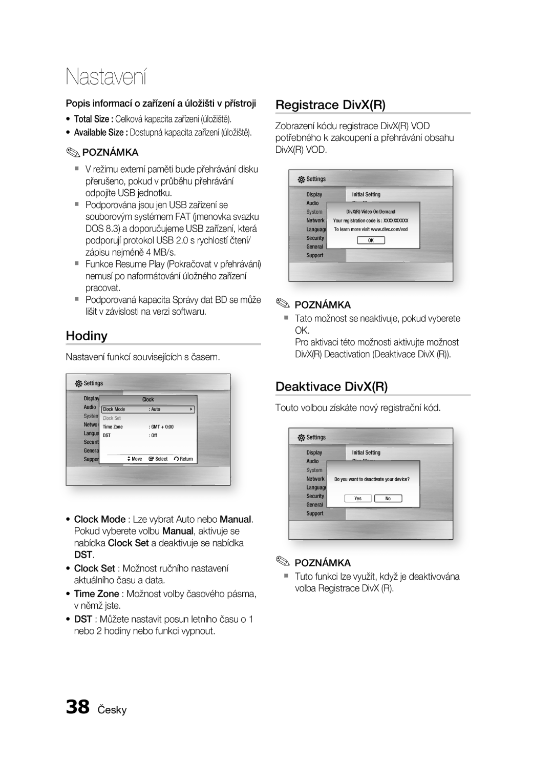 Samsung HT-C6930W/EDC manual Hodiny, Registrace DivXR, Deaktivace DivXR, 38 Česky 