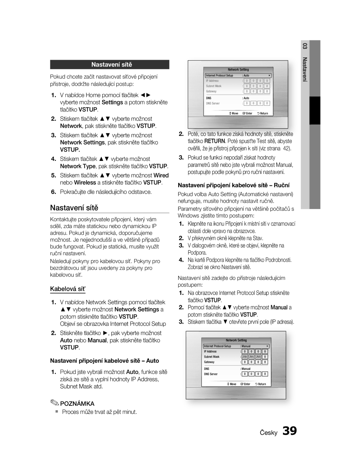 Samsung HT-C6930W/EDC manual Nastavení sítě, Kabelová síť 