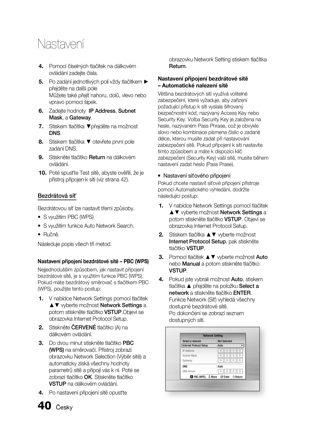 Samsung HT-C6930W/EDC manual Bezdrátová síť, 40 Česky, Dns 