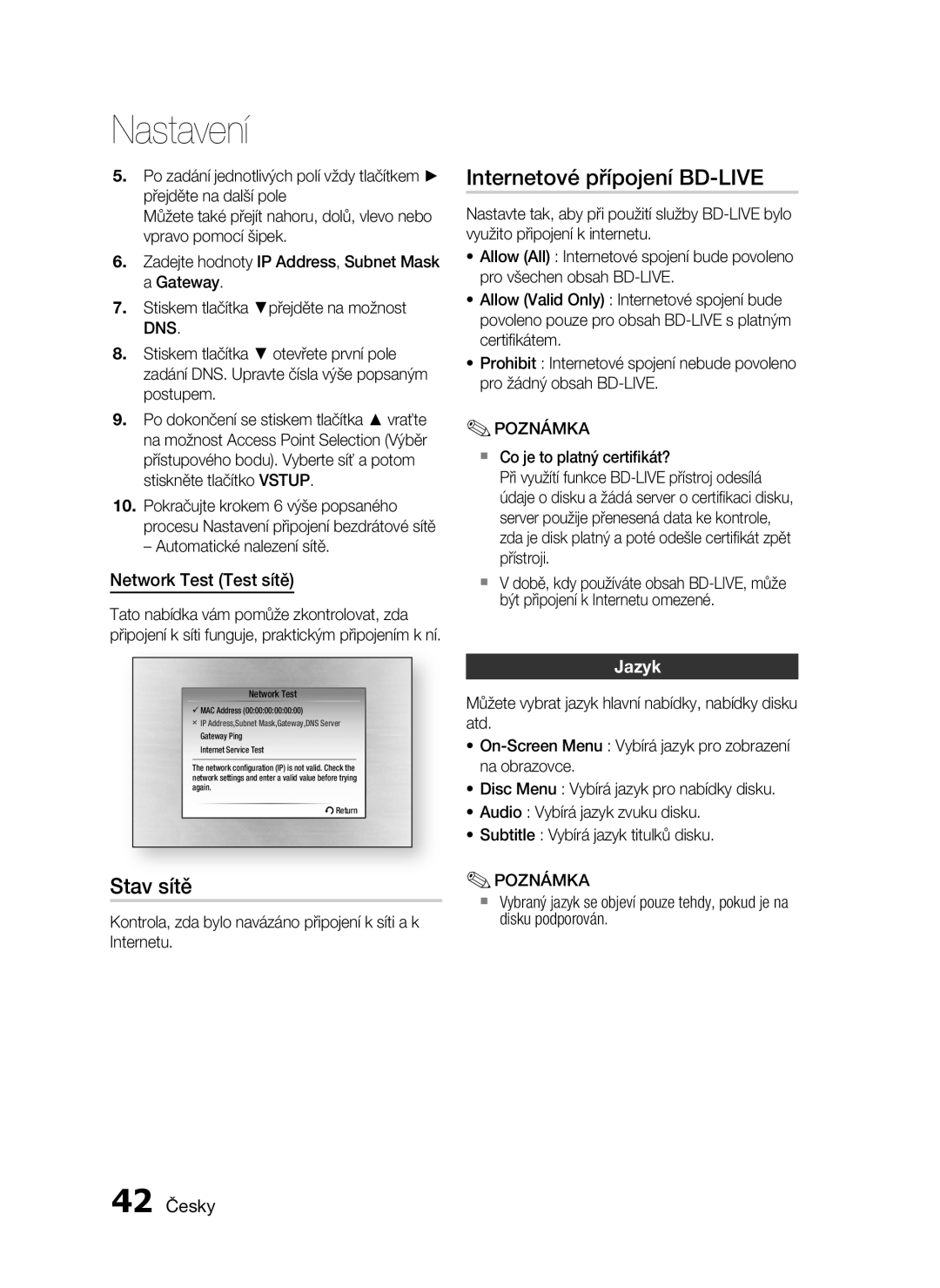 Samsung HT-C6930W/EDC manual Internetové přípojení BD-LIVE, Stav sítě, Network Test Test sítě, Jazyk, 42 Česky 