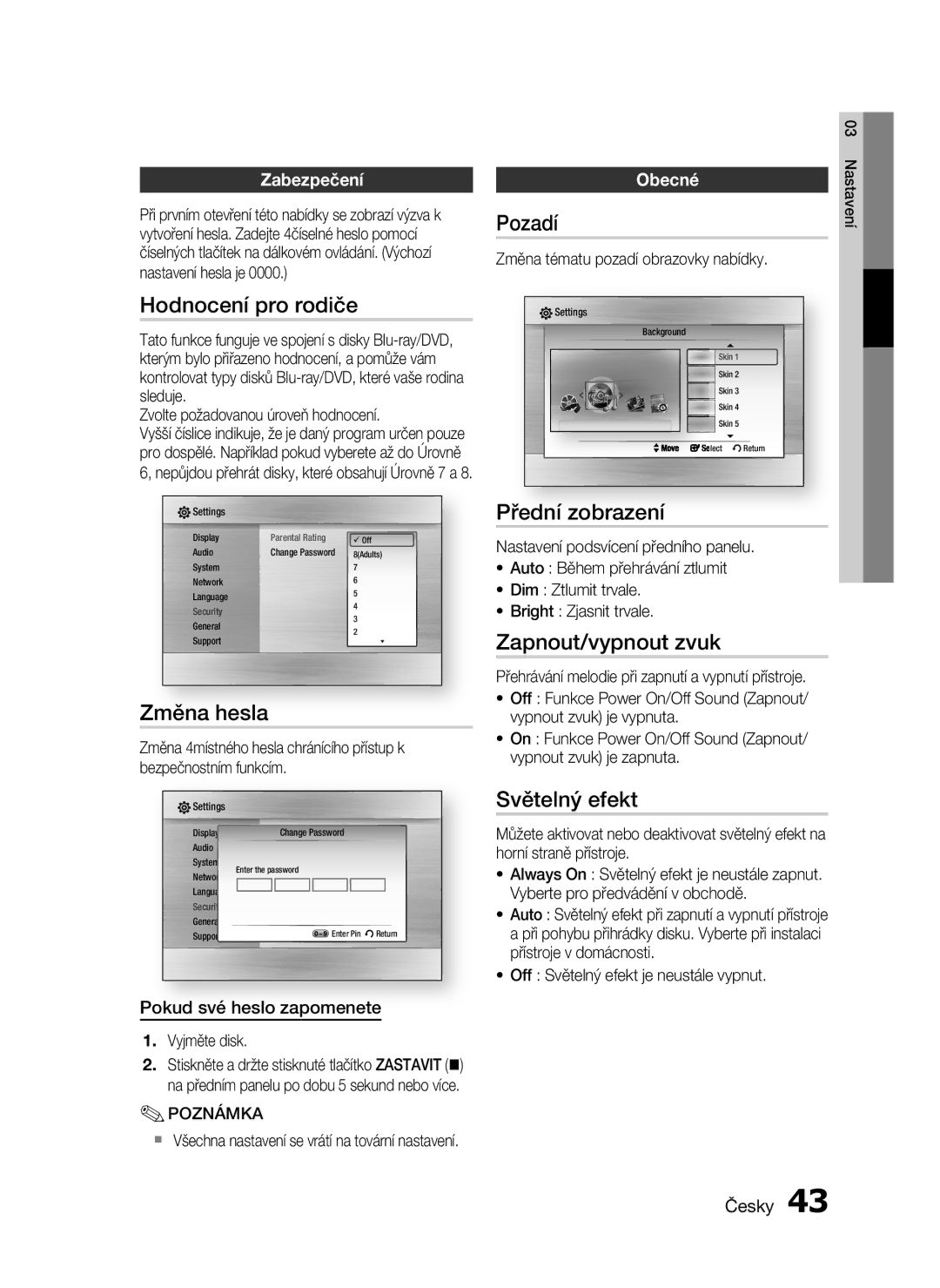 Samsung HT-C6930W/EDC Hodnocení pro rodiče, Změna hesla, Pozadí, Přední zobrazení, Zapnout/vypnout zvuk, Světelný efekt 