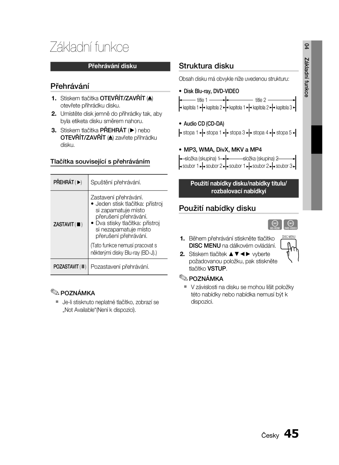 Samsung HT-C6930W/EDC manual Základní funkce, Přehrávání, Struktura disku, Použití nabídky disku 