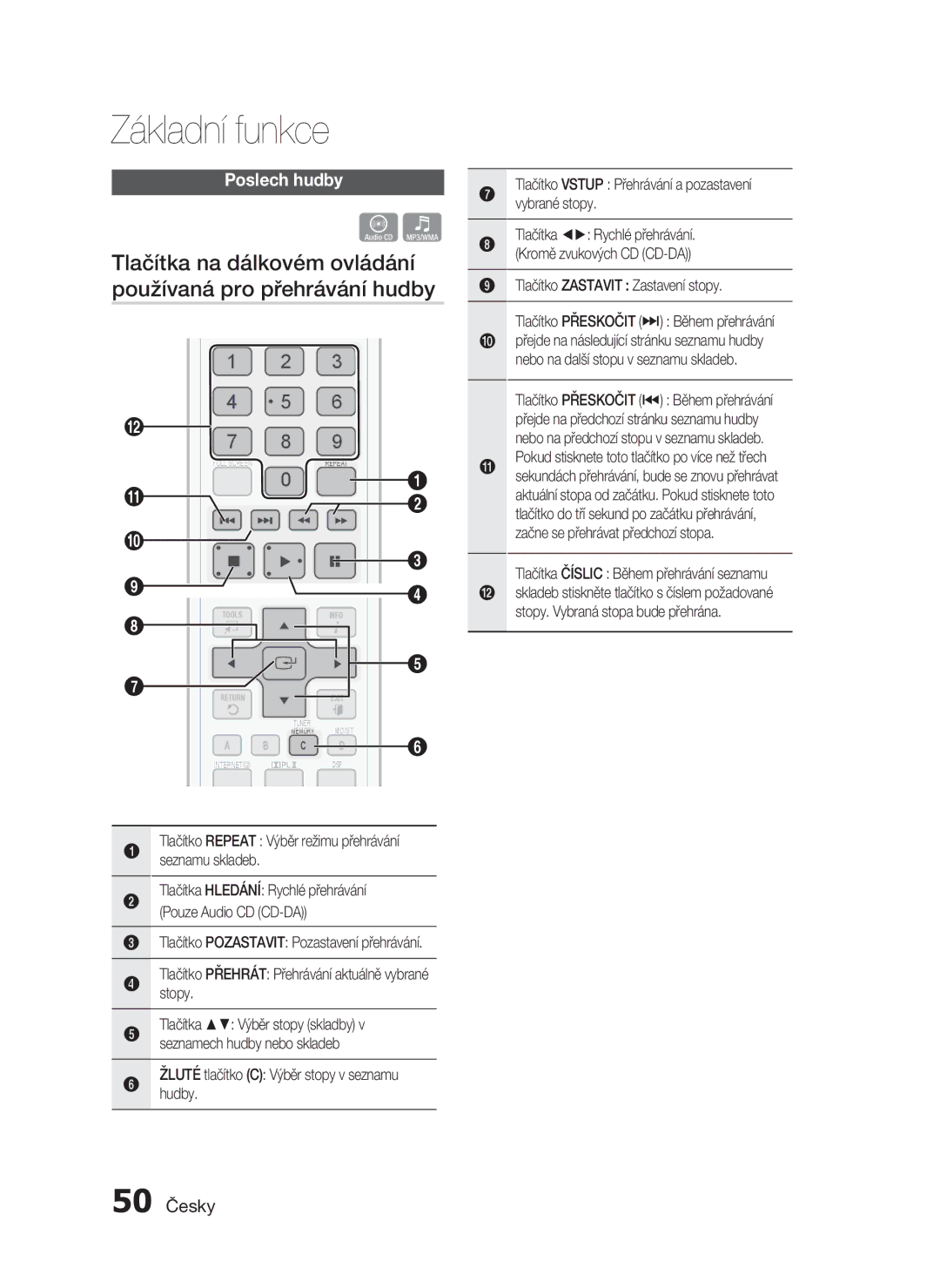 Samsung HT-C6930W/EDC manual Poslech hudby, 50 Česky, Tlačítko Repeat Výběr režimu přehrávání seznamu skladeb 