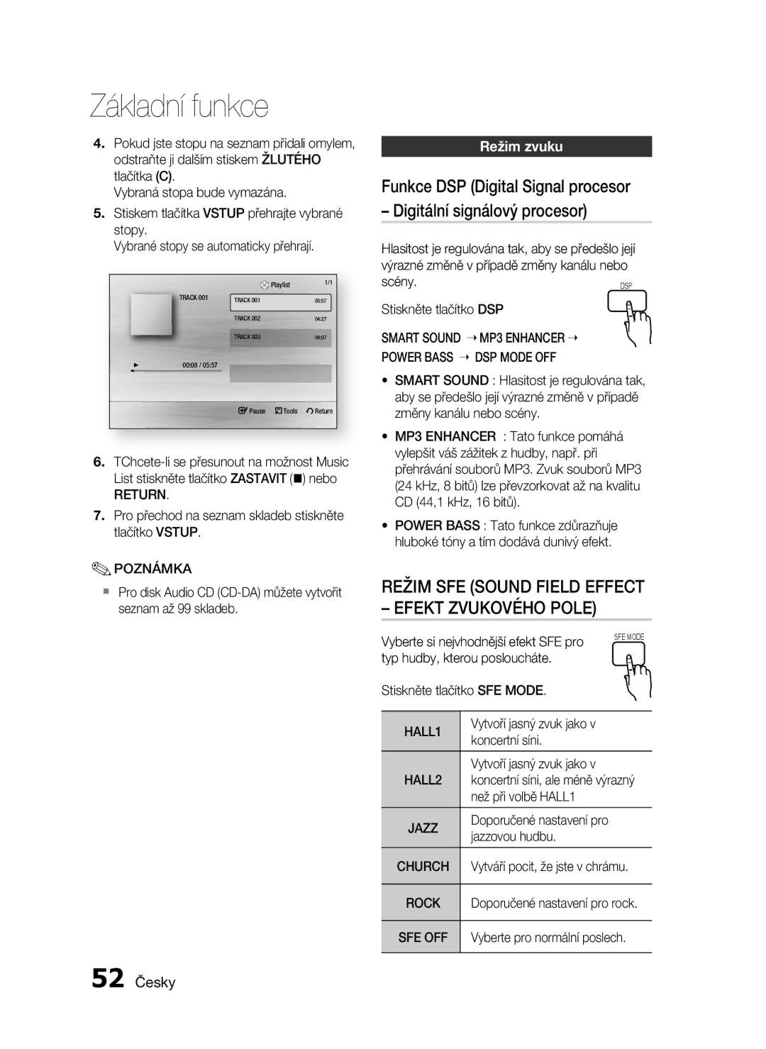 Samsung HT-C6930W/EDC manual Režim zvuku, 52 Česky, Smart Sound MP3 Enhancer Power Bass DSP Mode OFF, Church, Rock 