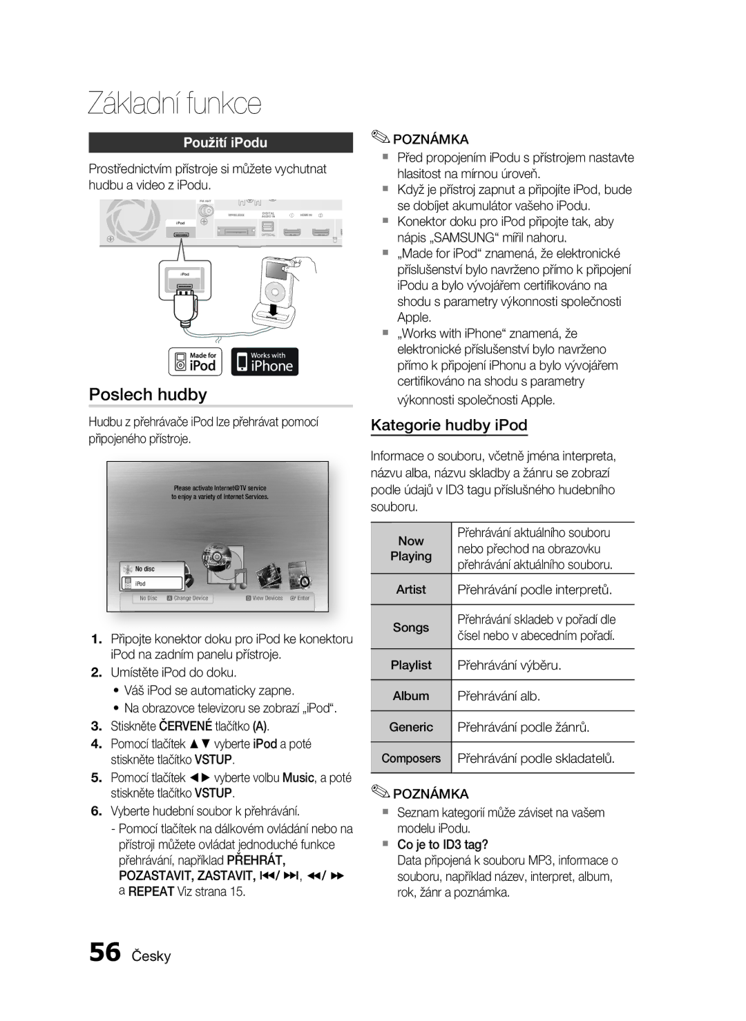 Samsung HT-C6930W/EDC manual Poslech hudby, Kategorie hudby iPod, Použití iPodu, 56 Česky 