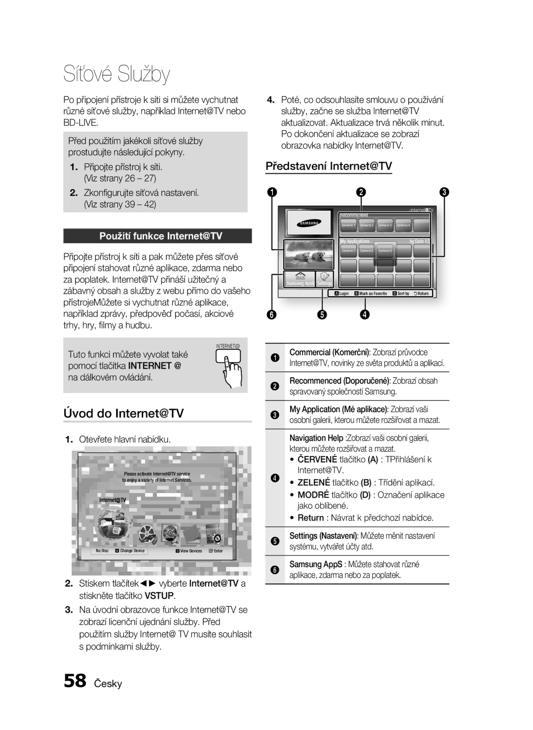Samsung HT-C6930W/EDC Síťové Služby, Úvod do Internet@TV, Představení Internet@TV, Použití funkce Internet@TV, 58 Česky 