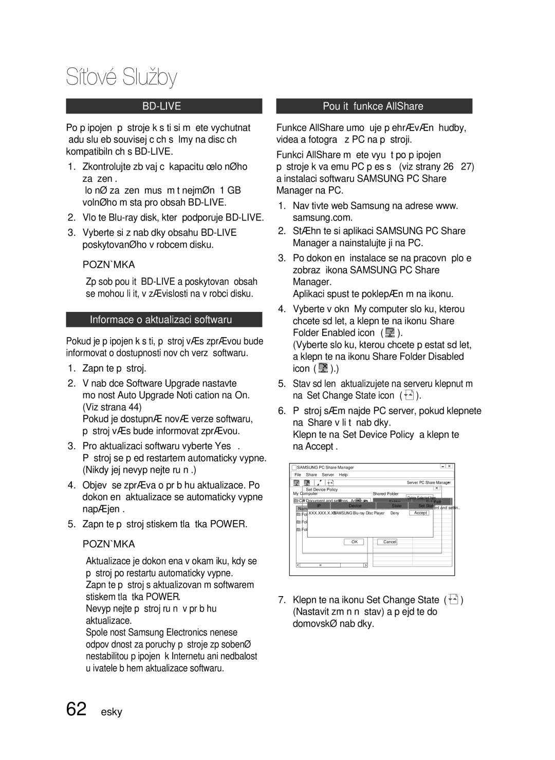 Samsung HT-C6930W/EDC manual Informace o aktualizaci softwaru, 62 Česky, Vložte Blu-ray disk, který podporuje BD-LIVE 