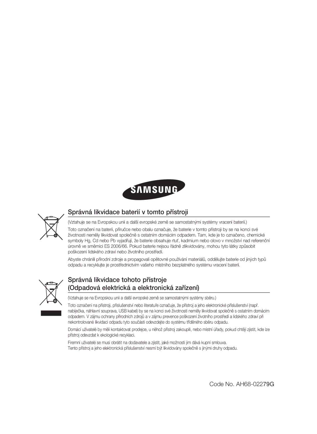 Samsung HT-C6930W/EDC manual Správná likvidace baterií v tomto přístroji 