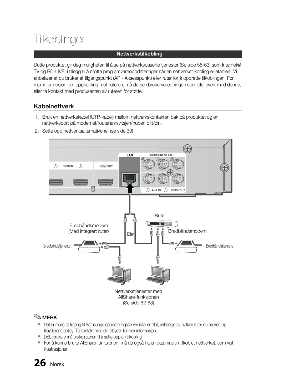 Samsung HT-C6930W/XEE manual Kabelnettverk, Nettverkstilkobling 