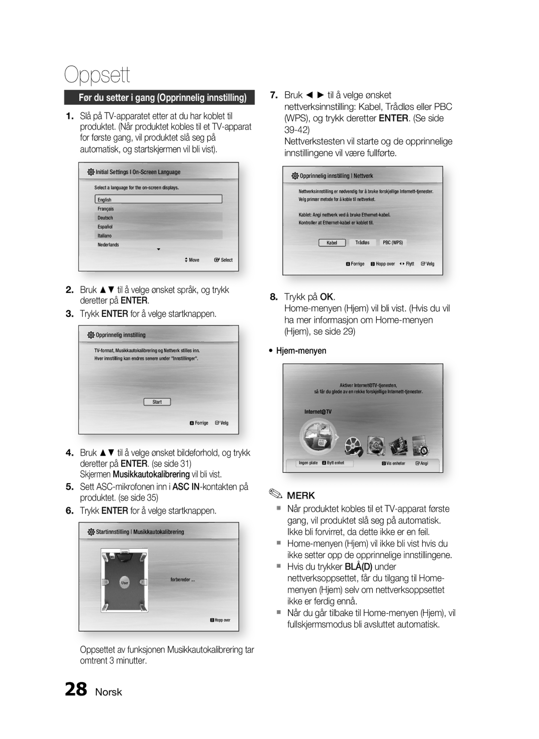 Samsung HT-C6930W/XEE manual Oppsett, Før du setter i gang Opprinnelig innstilling 