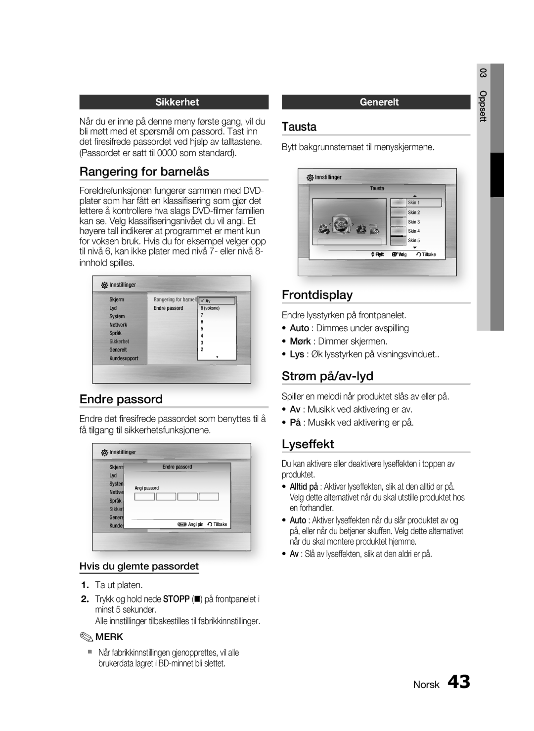 Samsung HT-C6930W/XEE manual Rangering for barnelås, Tausta, Frontdisplay, Endre passord, Strøm på/av-lyd, Lyseffekt 