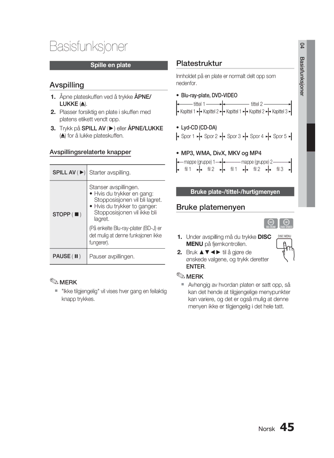 Samsung HT-C6930W/XEE manual Basisfunksjoner, Avspilling, Platestruktur, Bruke platemenyen 