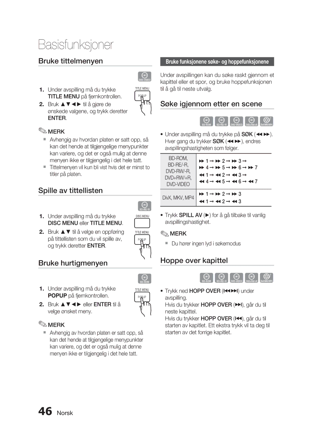 Samsung HT-C6930W/XEE manual Bruke tittelmenyen, Søke igjennom etter en scene, Spille av tittellisten, Bruke hurtigmenyen 