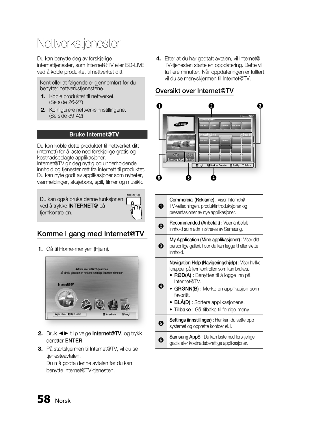 Samsung HT-C6930W/XEE manual Nettverkstjenester, Komme i gang med Internet@TV, Oversikt over Internet@TV, Bruke Internet@TV 