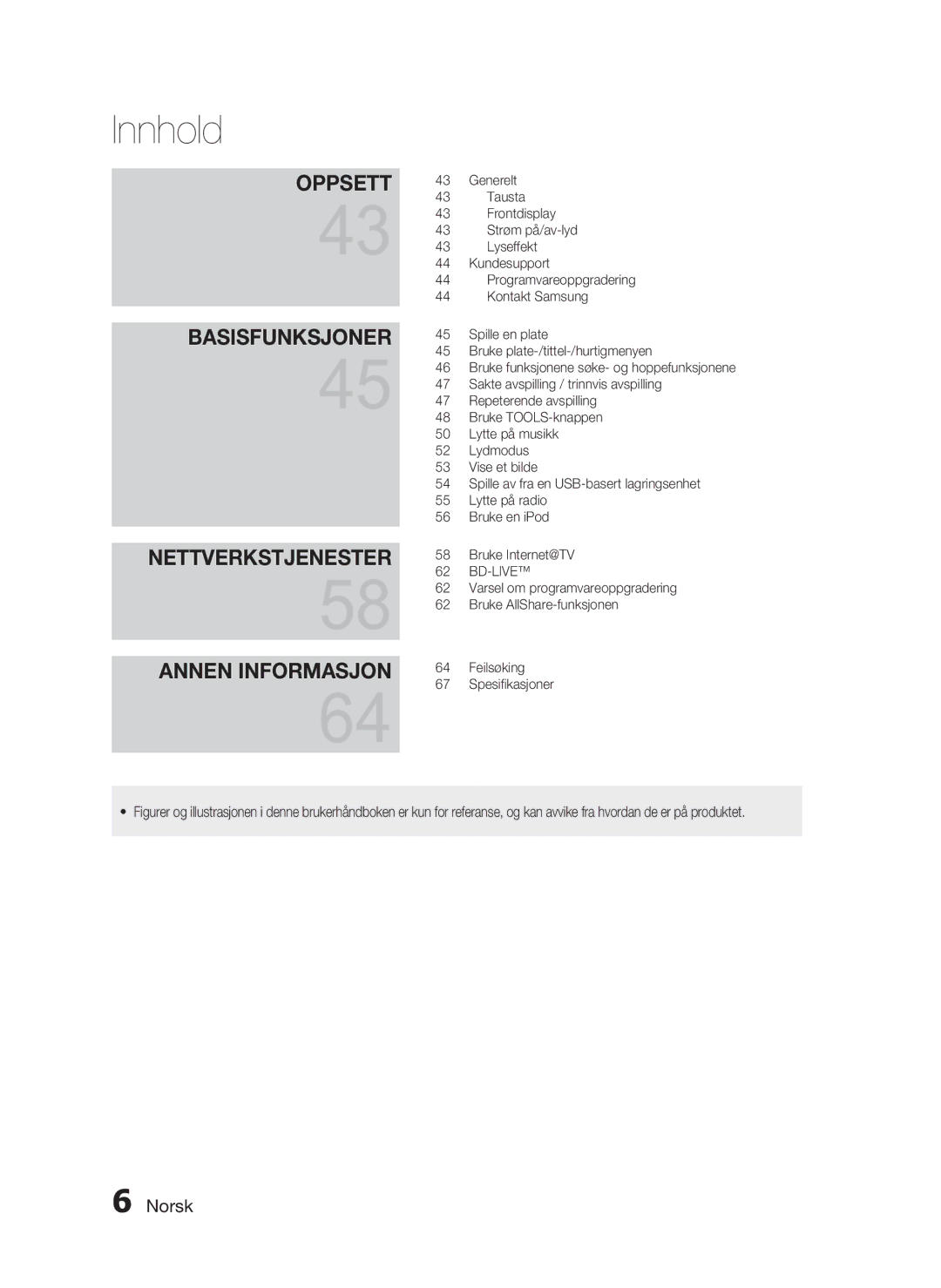 Samsung HT-C6930W/XEE Generelt, Tausta, Frontdisplay, Strøm på/av-lyd, Lyseffekt, Kundesupport, Programvareoppgradering 