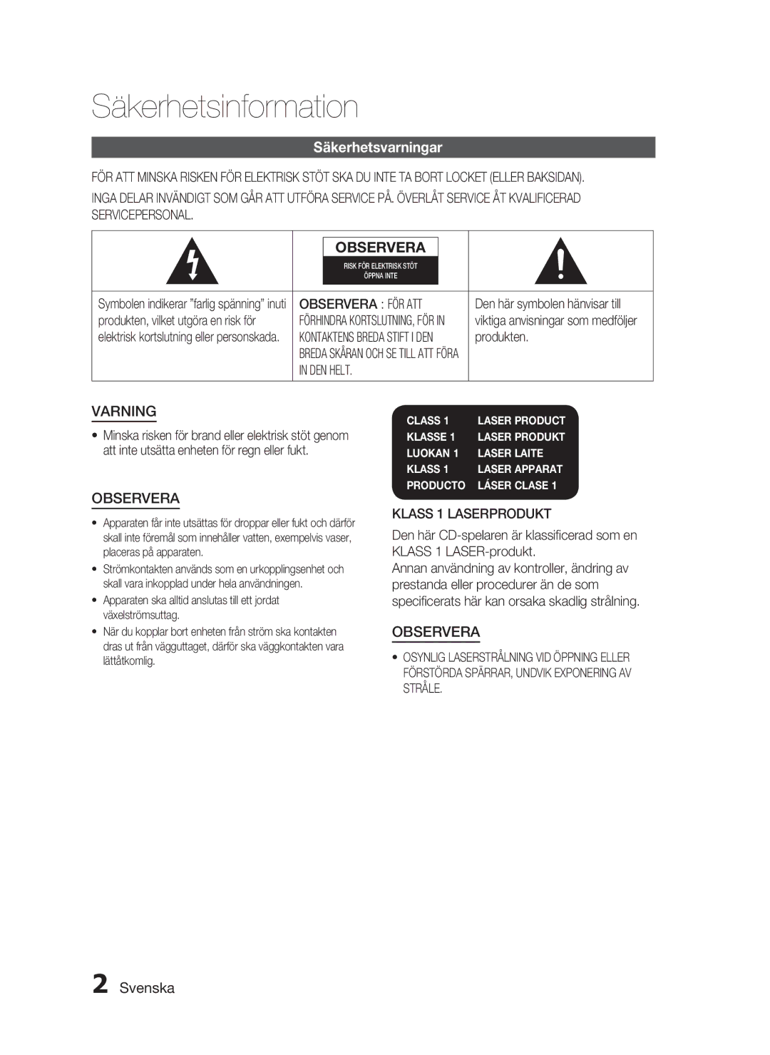 Samsung HT-C6930W/XEE manual Säkerhetsinformation, Säkerhetsvarningar, Svenska 