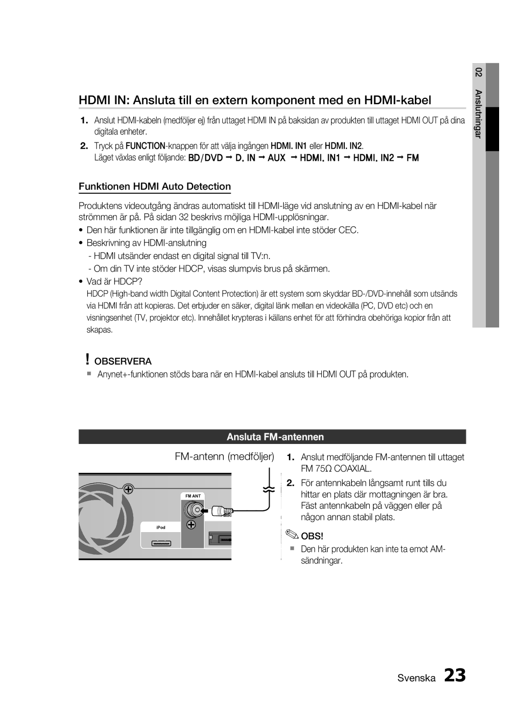 Samsung HT-C6930W/XEE manual Hdmi in Ansluta till en extern komponent med en HDMI-kabel, Funktionen Hdmi Auto Detection 