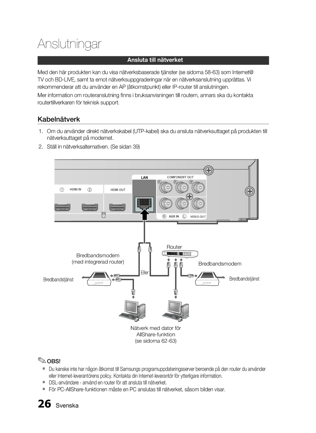 Samsung HT-C6930W/XEE manual Kabelnätverk, Ansluta till nätverket 