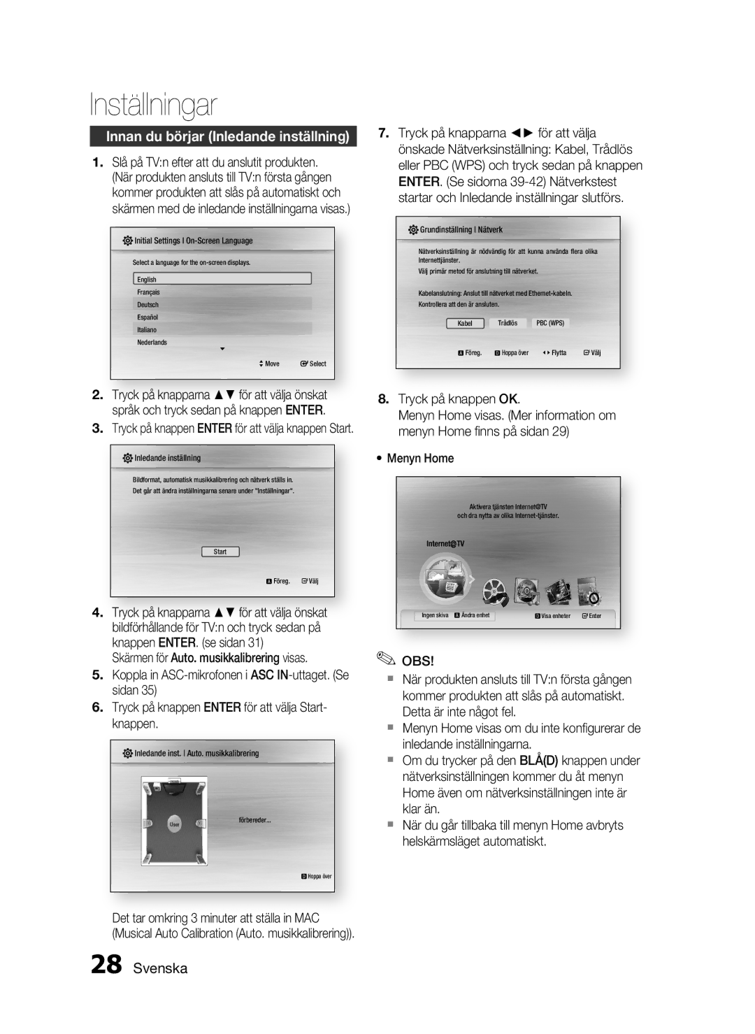 Samsung HT-C6930W/XEE manual Inställningar, Innan du börjar Inledande inställning 