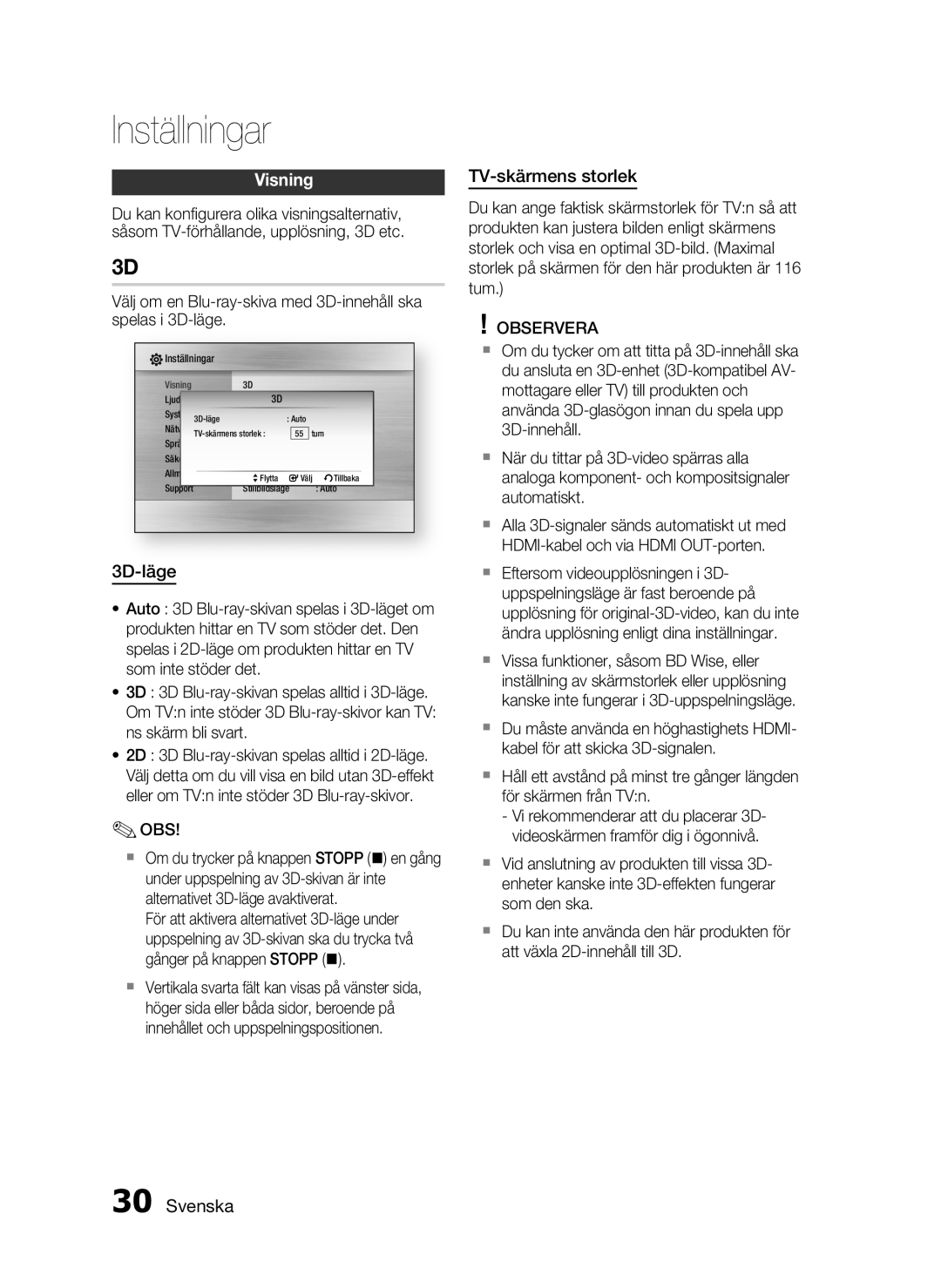 Samsung HT-C6930W/XEE manual Visning, 3D-läge, TV-skärmens storlek 