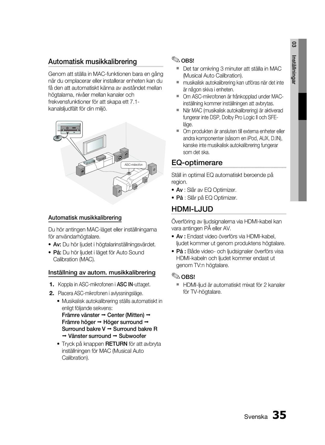 Samsung HT-C6930W/XEE manual Automatisk musikkalibrering, EQ-optimerare, Inställning av autom. musikkalibrering 