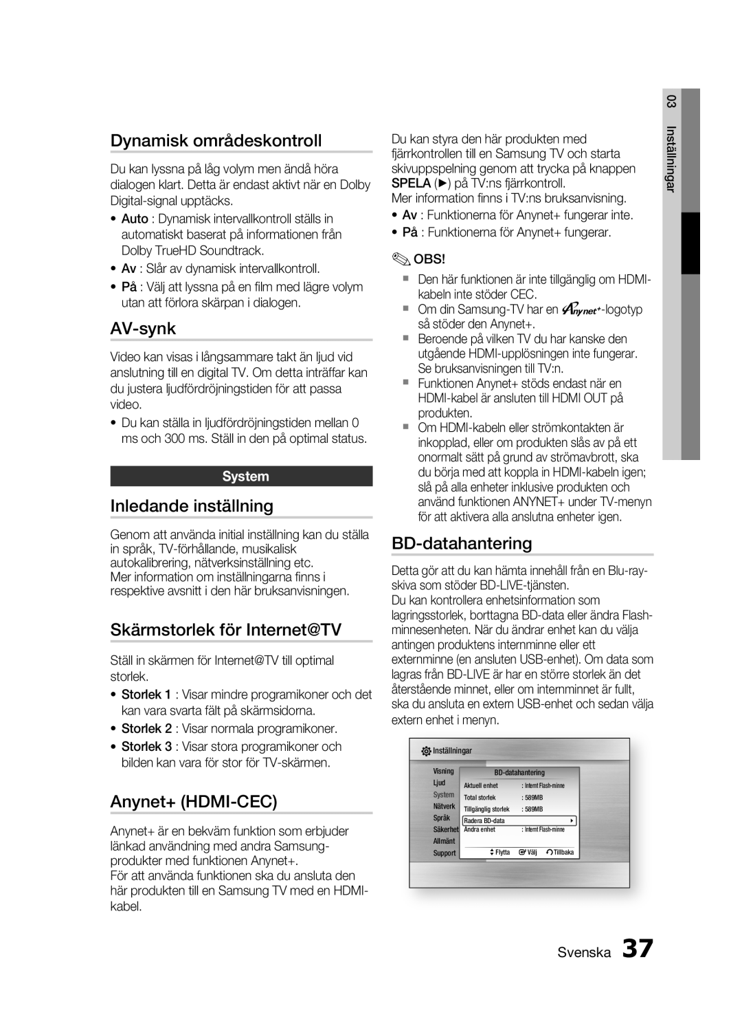 Samsung HT-C6930W/XEE manual Dynamisk områdeskontroll, AV-synk, Inledande inställning, Skärmstorlek för Internet@TV 