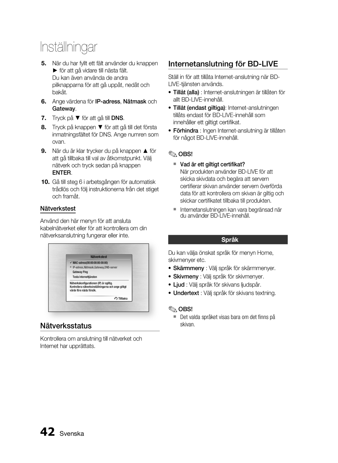 Samsung HT-C6930W/XEE manual Nätverksstatus, Internetanslutning för BD-LIVE, Nätverkstest, Språk 