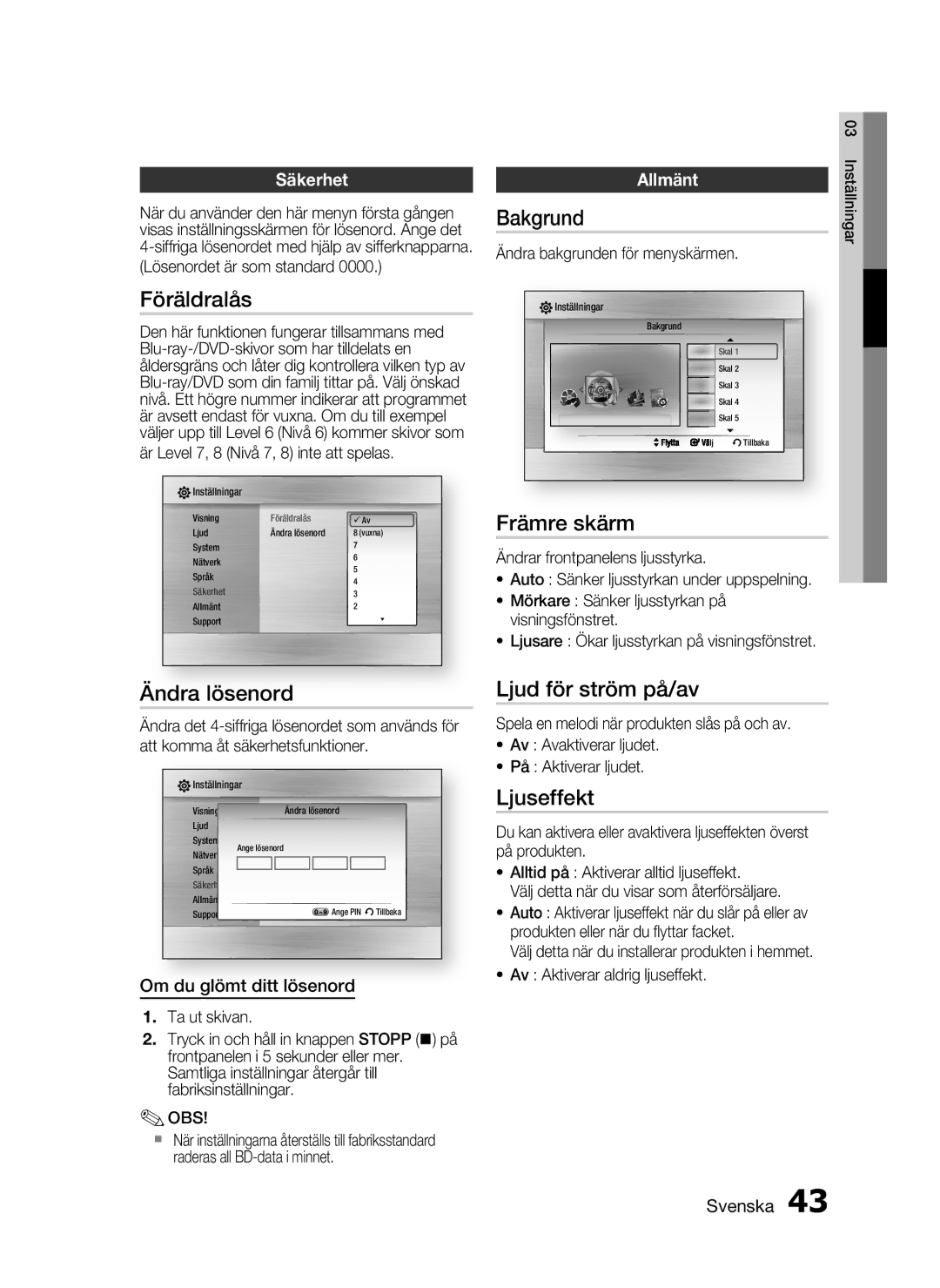 Samsung HT-C6930W/XEE manual Föräldralås, Ändra lösenord, Bakgrund, Främre skärm, Ljud för ström på/av, Ljuseffekt 