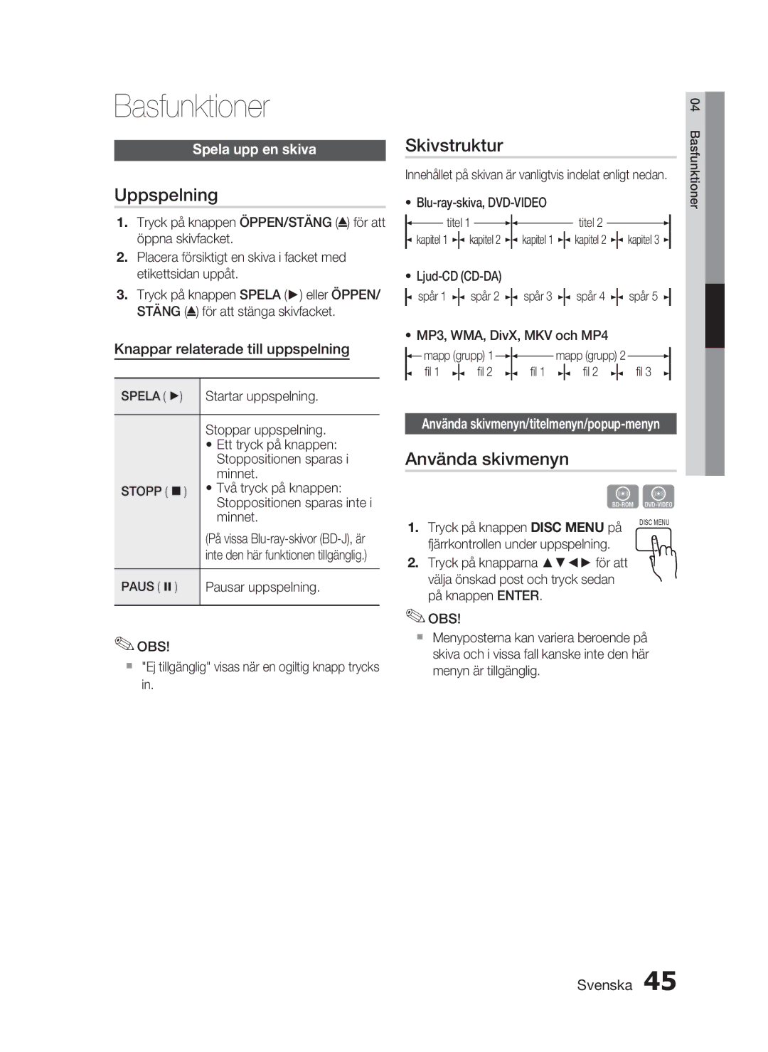 Samsung HT-C6930W/XEE manual Basfunktioner, Uppspelning, Skivstruktur, Använda skivmenyn 