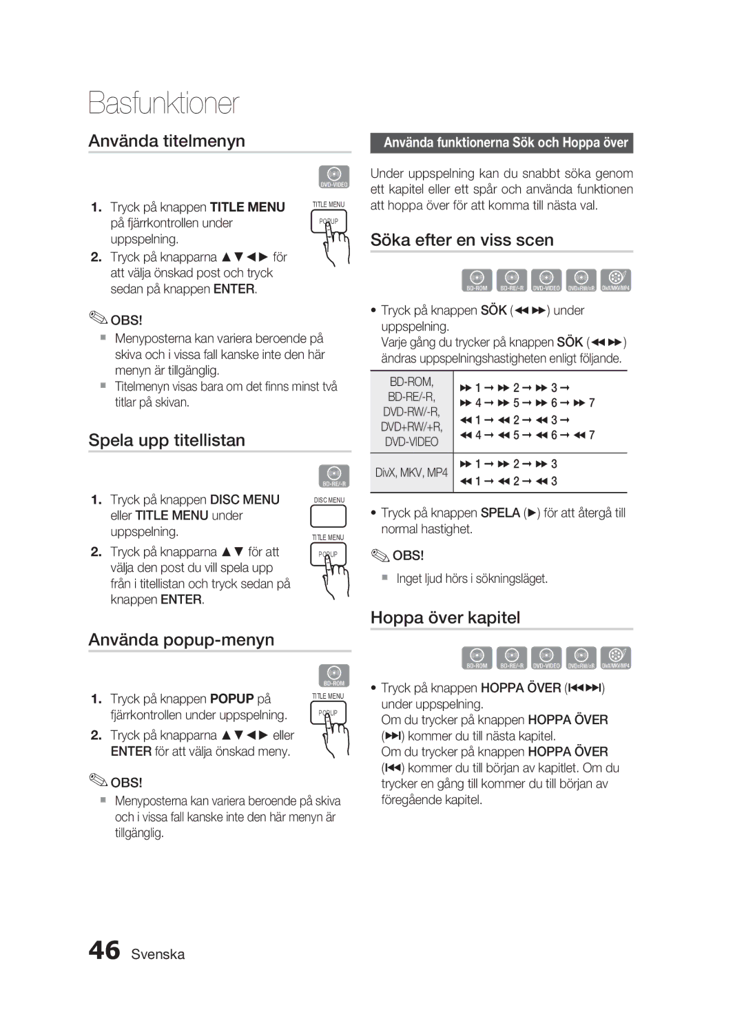 Samsung HT-C6930W/XEE manual Använda titelmenyn, Söka efter en viss scen, Spela upp titellistan, Använda popup-menyn 