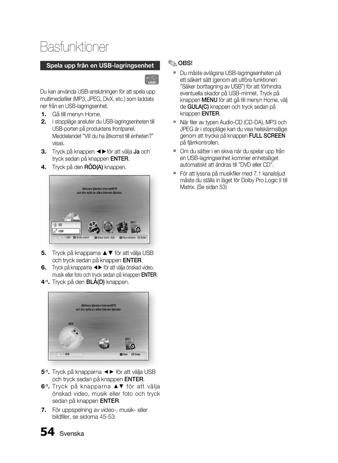 Samsung HT-C6930W/XEE manual Spela upp från en USB-lagringsenhet 