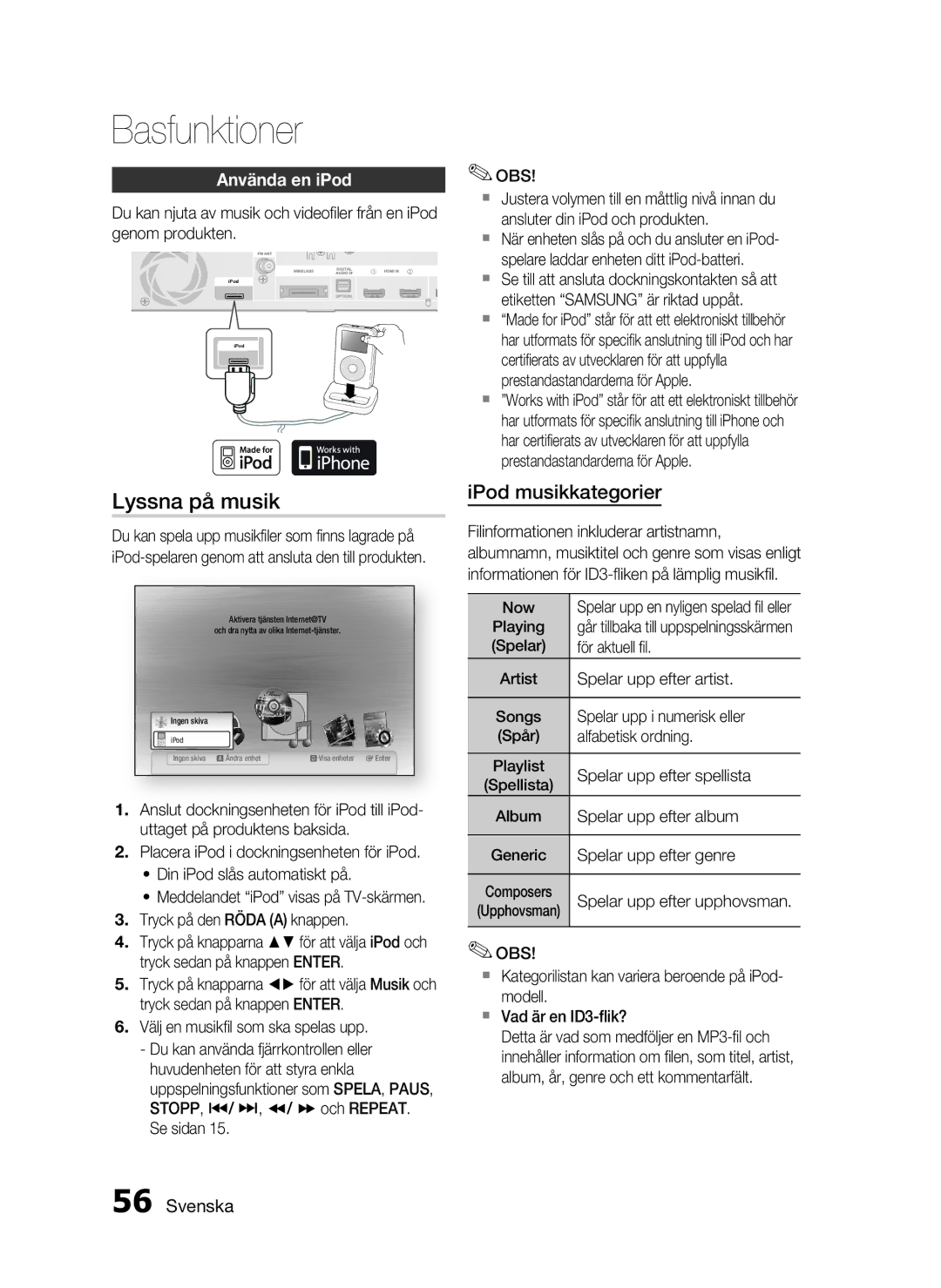 Samsung HT-C6930W/XEE manual Lyssna på musik, Använda en iPod 