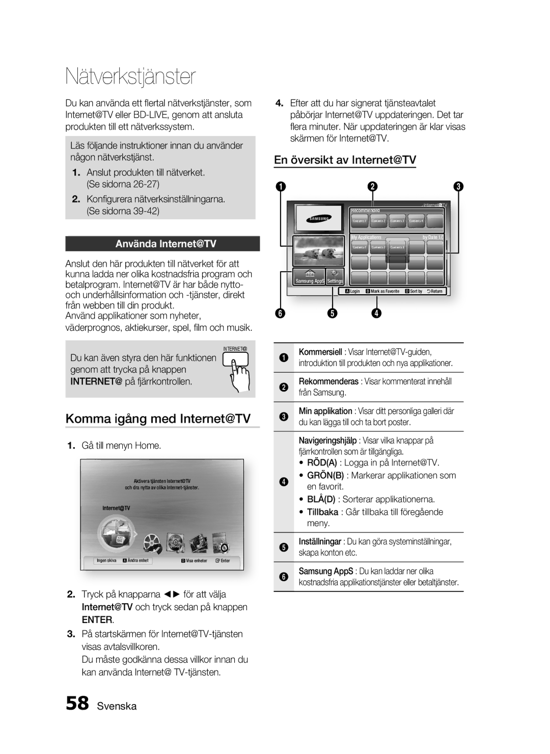 Samsung HT-C6930W/XEE manual Nätverkstjänster, Komma igång med Internet@TV, Använda Internet@TV, Gå till menyn Home 